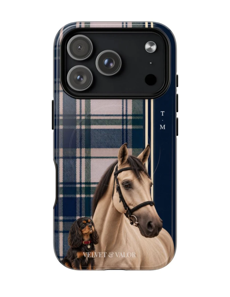 Scottish Navy tartan case with horse portrait and dog